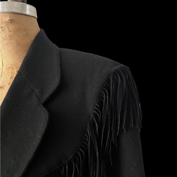 Vintage Black Wool Blazer with Suede Fringe by Adolfo size 8 - Picture 3 of 7